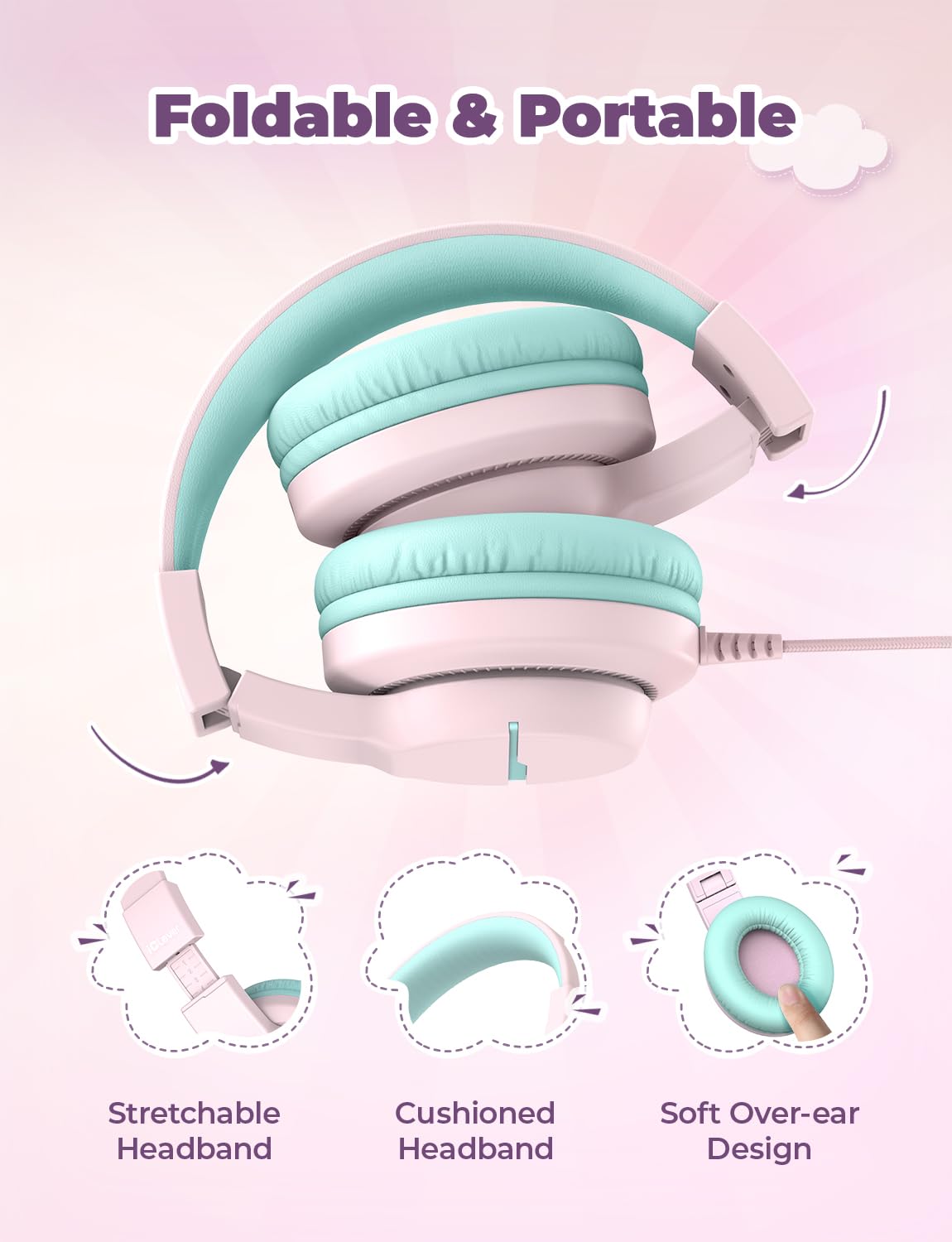 iClever Kinderkopfhörer für Schule und Reisen, sichere Lautstärkebegrenzung, HD-Mikrofon, Stereo-Sound Over-Ear-Kopfhörer für Mädchen und Jungen, FunShare Faltbar, 3,5 mm kabelgebunden für iPad Computer, HS19