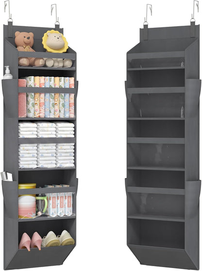 Lifewit 1 Pack Over the Door Organizer, 5 Section Clear Window Hanging Storage with 4 Side Pockets, Sturdy Anti Tilt 40 lbs Load Behind Door for Closet, Bedroom, Bathroom, Nursery, Dorm, Dark Gray