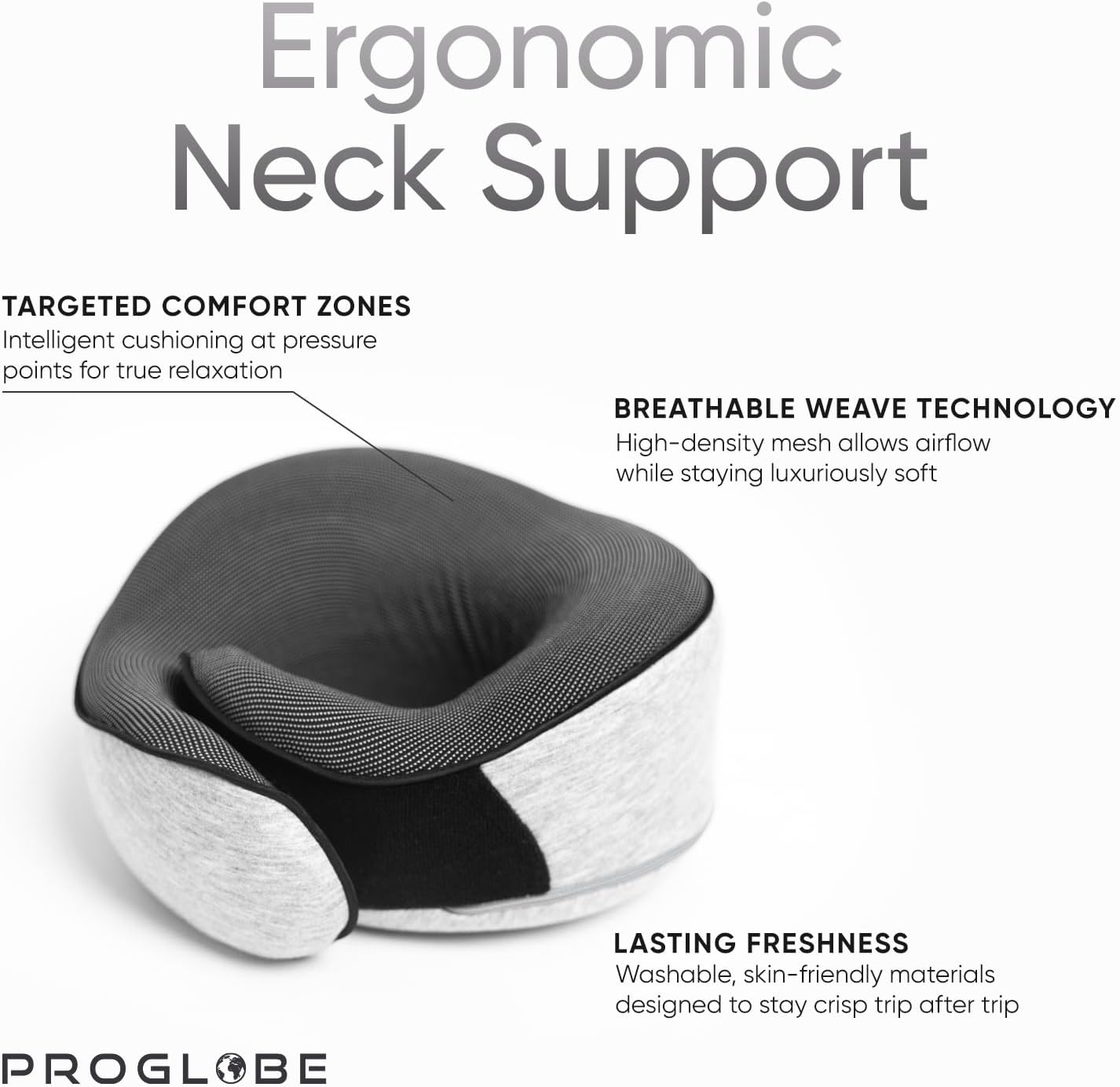 Proglobe Orthopädisches Nackenkissen Reise-Nackenkissen für Flugzeuge, Memory Foam Kit, aktualisiertes Ruhematerial, Flugreise-Set mit 3D-konturierter Augenmaske, Ohrstöpseln und luxuriösem Netzbeutel (Grau)