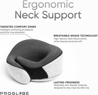 Proglobe Orthopädisches Nackenkissen Reise-Nackenkissen für Flugzeuge, Memory Foam Kit, aktualisiertes Ruhematerial, Flugreise-Set mit 3D-konturierter Augenmaske, Ohrstöpseln und luxuriösem Netzbeutel (Grau)