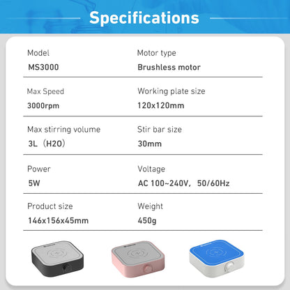 3000rpm Magnetic Stirrer Mixer with 7pcs Stir Bar Set, Brushless DC Motor Max 3000ml Electric Magnetic Stir Plate Mixer （No Heating)