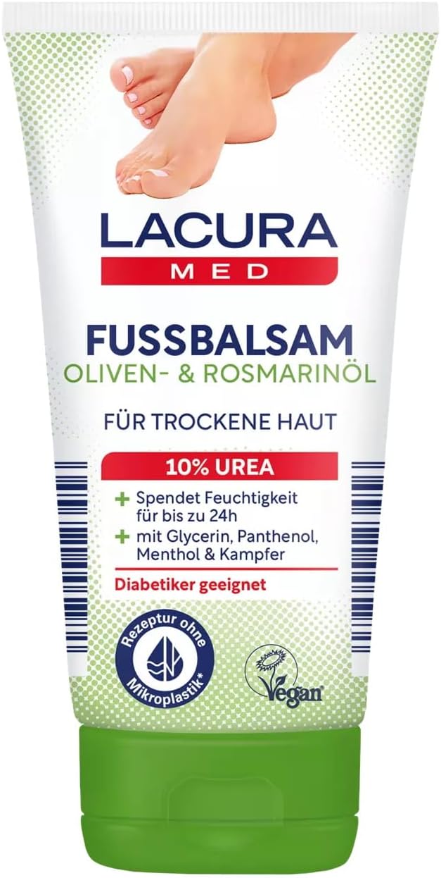 Lacura Med Foot Balm 10% Urea, 150 ml - Foot Cream with Olive Oil, Rosemary Oil, Menthol & Camphor - Moisturises 24 Hours with Panthenol & Glycerine - Suitable for Diabetics