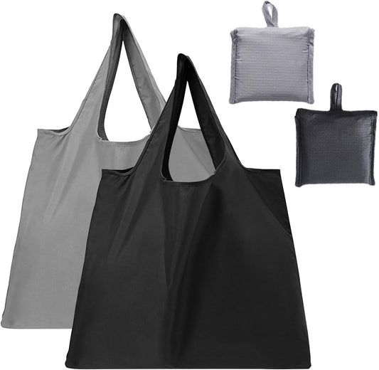 Reusable Shopping Bags for Groceries, 2 Pack Reusable Grocery Shopping Bags Foldable in Pouch Washable Grocery Tote Bag Black & Grey