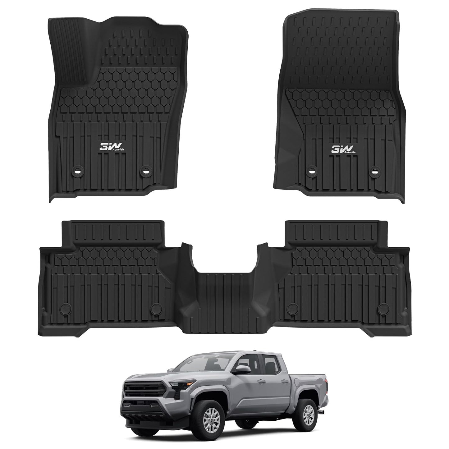 3W Floor Mats for Toyota Tacoma 2024 2025 2026 Double Cab Auto Tran(Not Fit Hybrid & XtraCab), TPE All Weather Custom Fit Floor Liner for Tacoma TRD/SR/SR5/limited Car Liners.