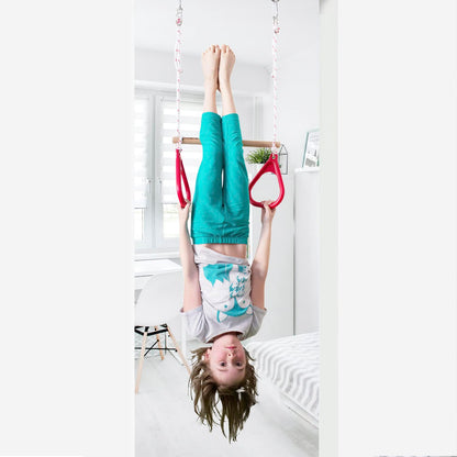 DreamGYM Türrahmen-Sensorik-Schaukel-Set – blaue Kompressionsschaukel und Trapezstange mit roten Turnringen Kombi