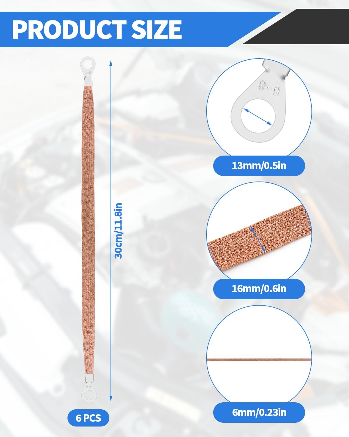 6 Stück universelles geflochtenes Kupfer-Masseband, 12 Zoll Motormasseband-Kit mit Klemmsteckern, verzinntes Kupfer-Masseband für die meisten Fahrzeugmotoren (verzinntes Kupfer)