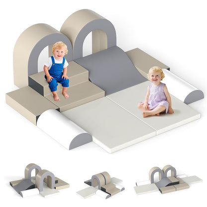 Olakids Toddler Climbing Toys Indoor, 10 Pieces Baby Foam Blocks Soft Play Set with PU Leather, Kids Climb Crawling Activity Gym Playground for 1+ Years (Brown)