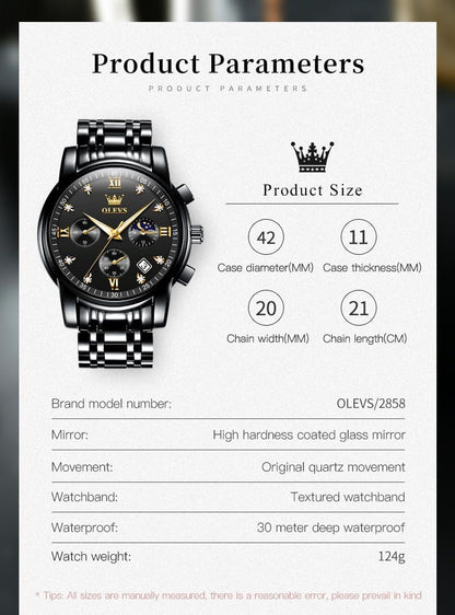 OLEVS Uhren für Herren Dresswatch mit Datumsanzeige Klassische Armbanduhren Multifunktionale leuchtende Herren Edelstahl-Armbanduhr Wasserdichter Chronograph Herren Business-Uhren