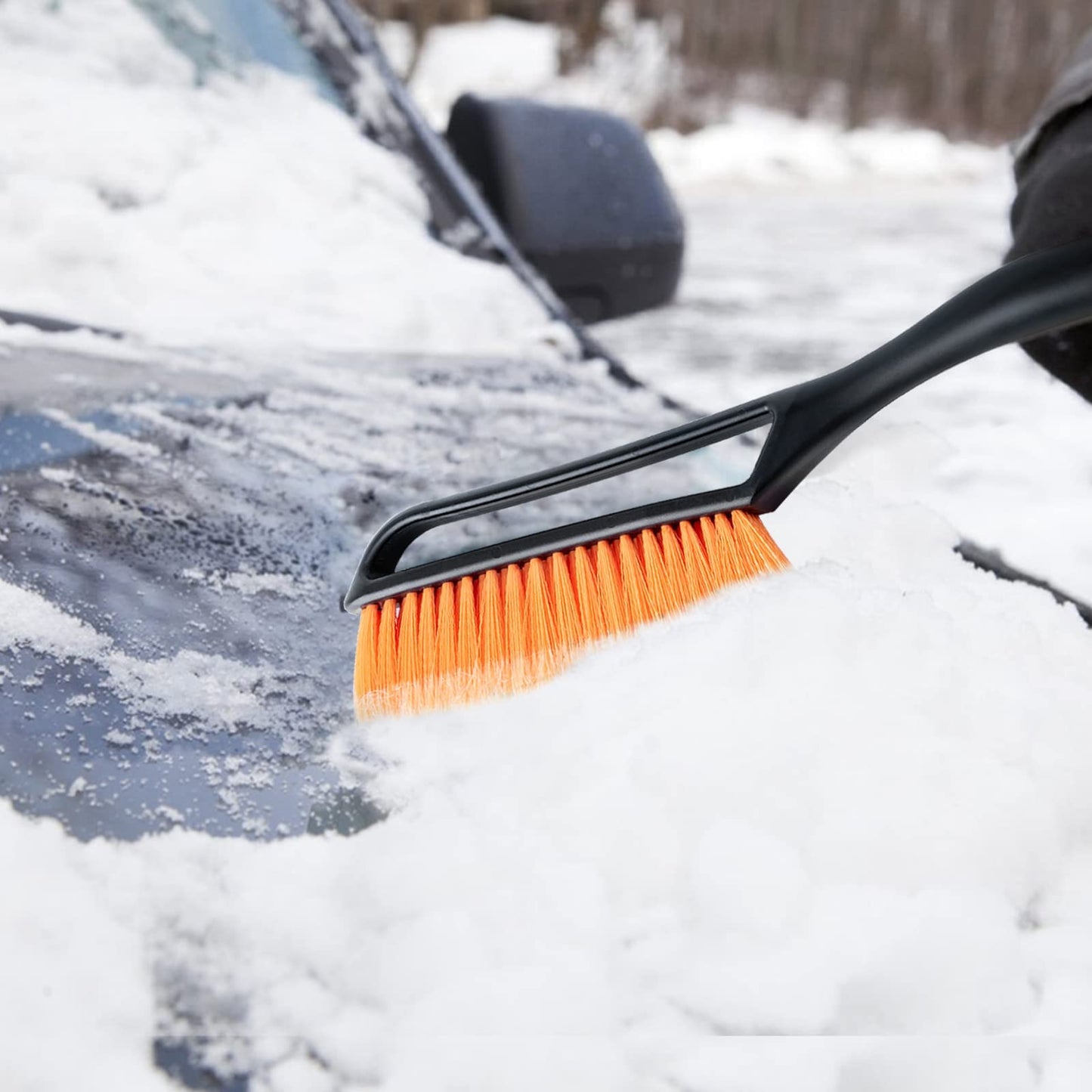 AstroAI 27" Snow Brush and Detachable Ice Scraper with Ergonomic Foam Grip for Cars, Trucks, SUVs (Heavy Duty ABS, PVC Brush, Orange)