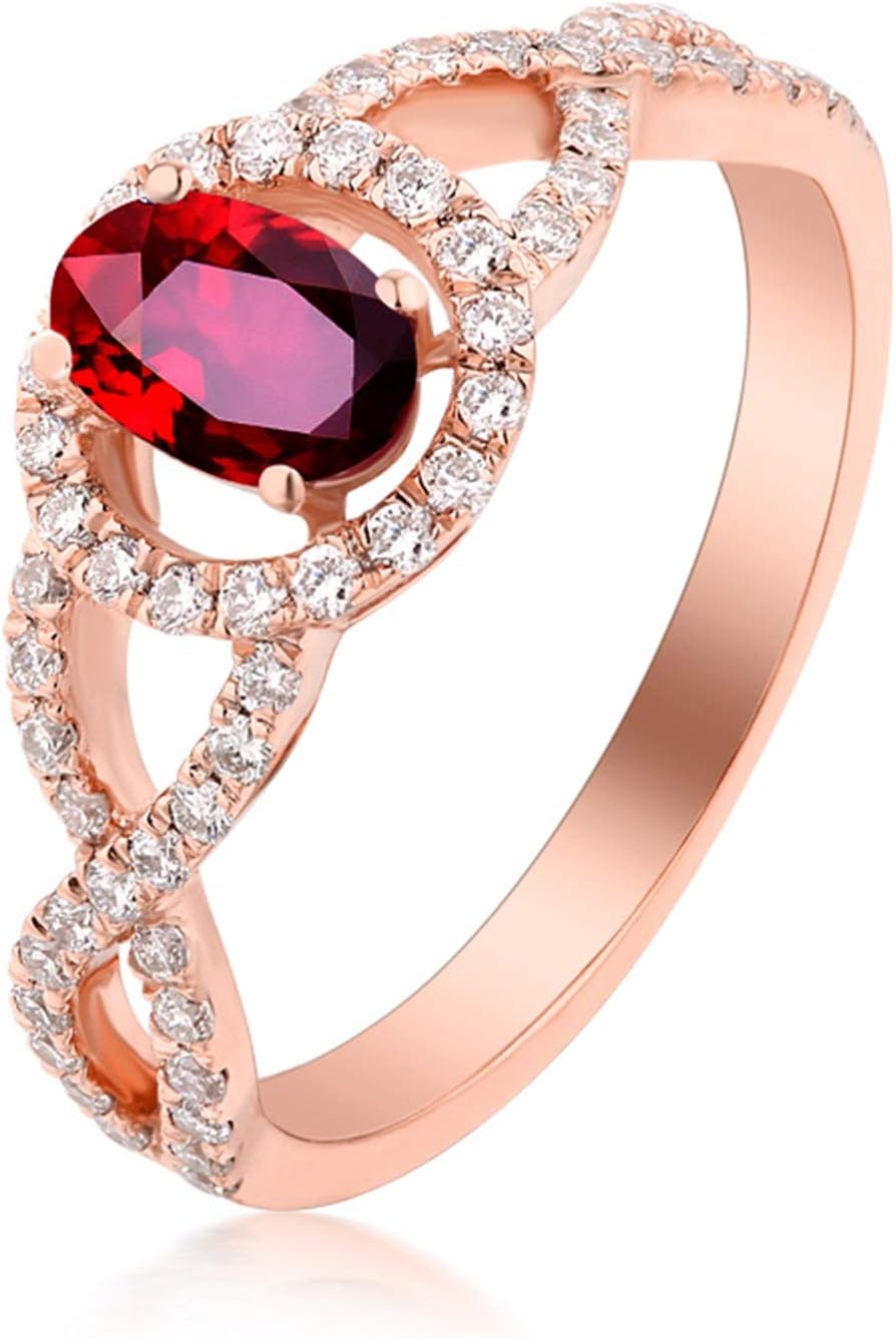 Aienid 18Ct Rose Gold Wedding Bands Oval Ruby Hollow Twisted Ring with White Diamond Engagement Ring for Her