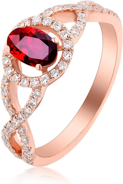 Aienid 18Ct Rose Gold Wedding Bands Oval Ruby Hollow Twisted Ring with White Diamond Engagement Ring for Her