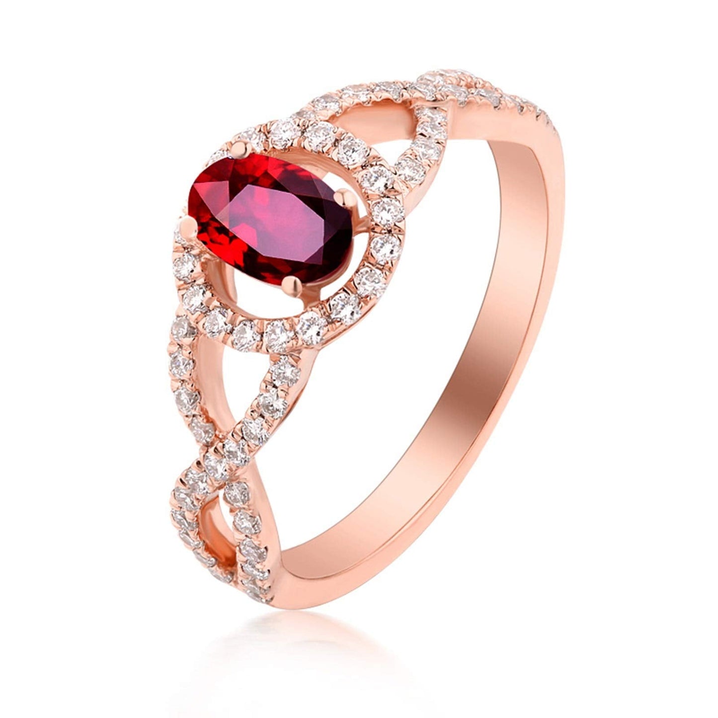 Aienid 18Ct Rose Gold Wedding Bands Oval Ruby Hollow Twisted Ring with White Diamond Engagement Ring for Her