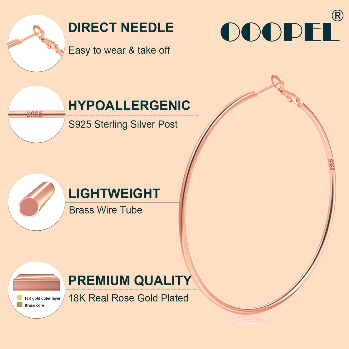 Große Gold Creolen für Frauen, Hypoallergene Dünne Gold Creolen, Sterling Silber Creolen für Damen, Extra Große, Mittelgroße, Große Creolen