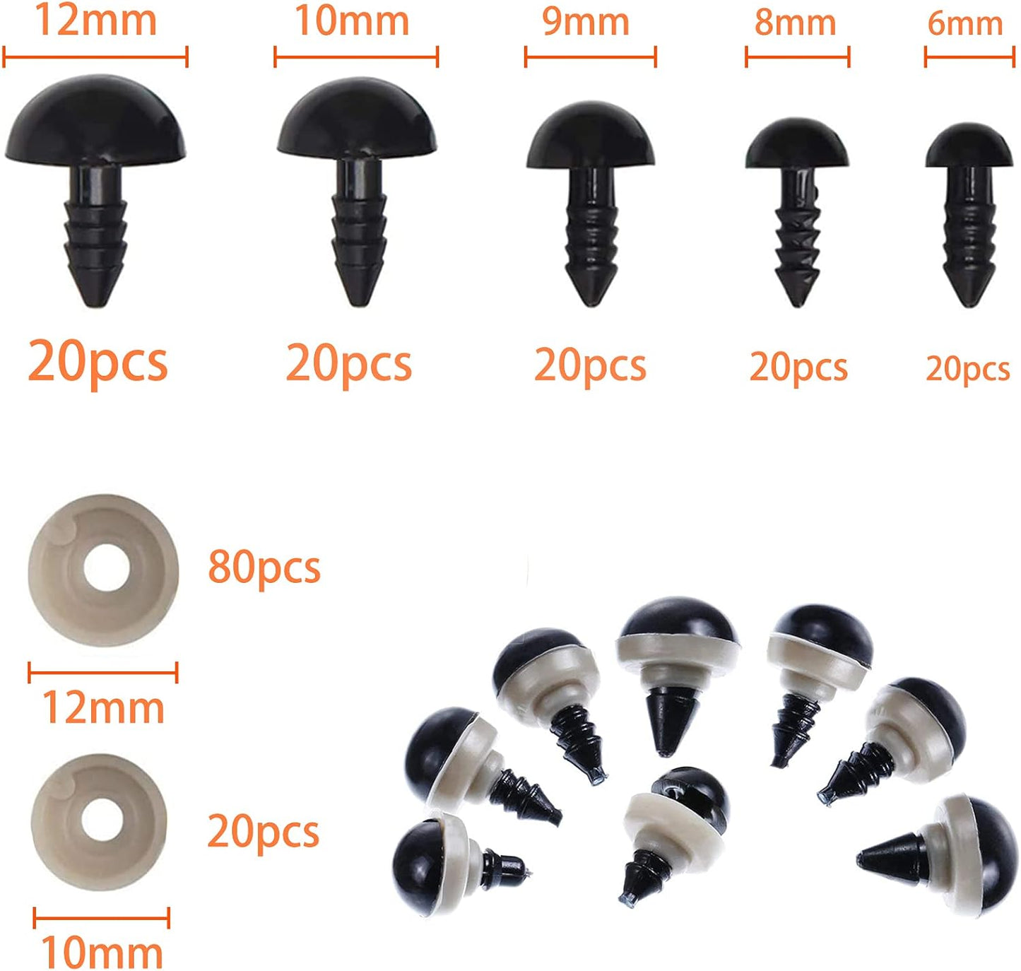 Sicherheitsaugen, 100 Stück schwarze Sicherheitsaugen, Plastiksicherheitsaugen und Unterlegscheiben für Puppen, Plüschtiere, Bastelarbeiten (5 Größen)