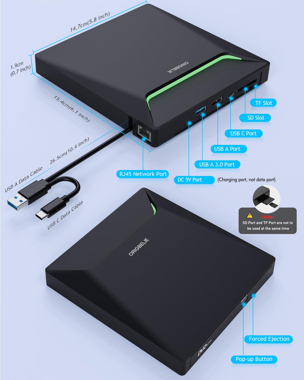 ORIGBELIE externes DVD-Laufwerk, CD-Laufwerk USB 3.0 Typ-C CD/DVD ROM +/-RW Adapter mit USB-Anschluss DVD-Brenner für Laptop, PC, Desktop-Computer, optisches Laufwerk CD-Player kompatibel mit Mac Windows Linux