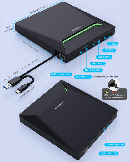ORIGBELIE externes DVD-Laufwerk, CD-Laufwerk USB 3.0 Typ-C CD/DVD ROM +/-RW Adapter mit USB-Anschluss DVD-Brenner für Laptop, PC, Desktop-Computer, optisches Laufwerk CD-Player kompatibel mit Mac Windows Linux