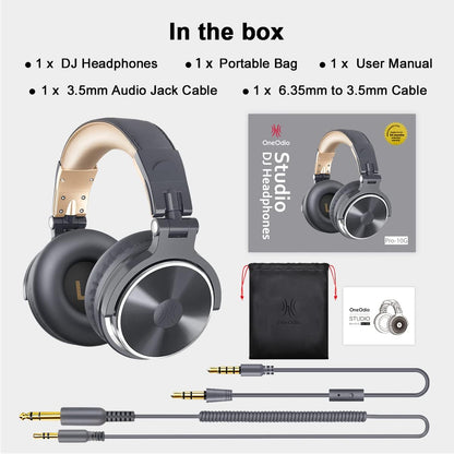OneOdio Pro-10 Over-Ear Kabelkopfhörer für Schule Studio-Monitor & Mixing DJ Stereo-Headsets, 50mm Neodym-Treiber, Inline-Mikrofon, 3,5mm/6,35mm Klinke für Verstärker Computer Aufnahme Telefon Klavier Gitarre