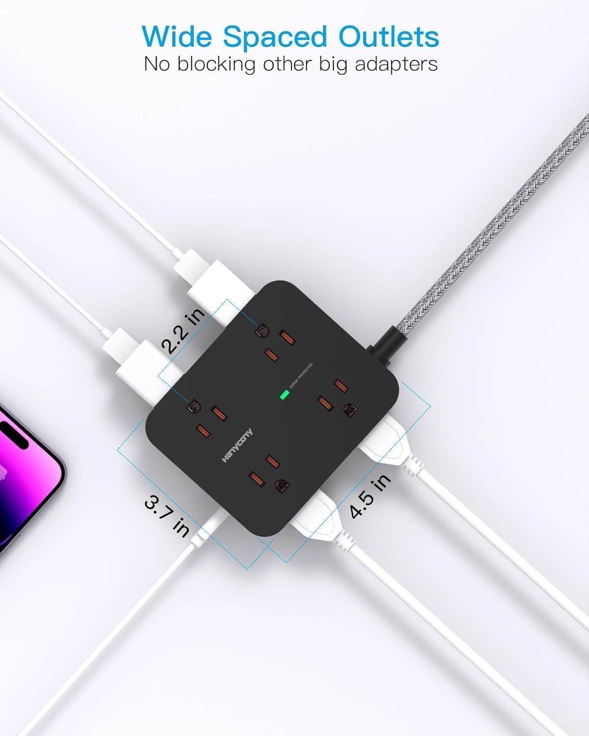 Surge Protector Power Bar - 8 Outlets 4 USB Charging Ports(2 USB C), Power Strip with 5Ft Braided Extension Cord, Flat Plug, Wall Mount Desk USB C Charging Station for Home Office College Essentials