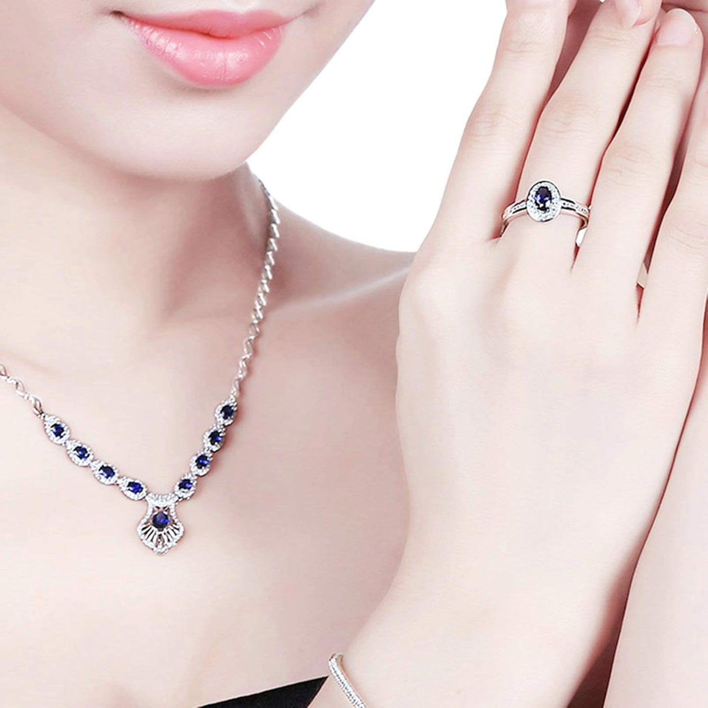 Aienid 18Ct White Gold Diamond Engagement Rings Women 0.55Ct Oval Cut Blue Sapphire with White Diamond Engagement Ring for Her
