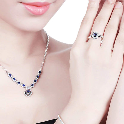 Aienid 18Ct White Gold Diamond Engagement Rings Women 0.55Ct Oval Cut Blue Sapphire with White Diamond Engagement Ring for Her
