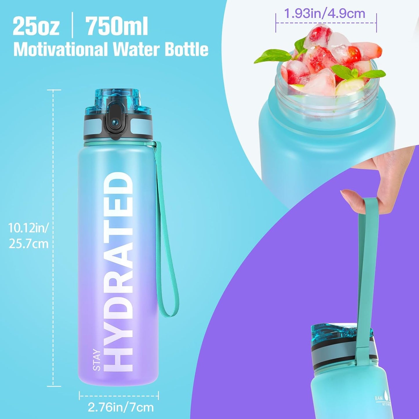 Sahara Sailor Trinkflasche, 950ml Motivations-Sportflasche mit Zeitmarkierung – Trinkzeiten – Tritan, BPA-frei, weite Öffnung auslaufsicher, Fast-Flow-Technologie mit Reinigungsbürste (1 Flasche)