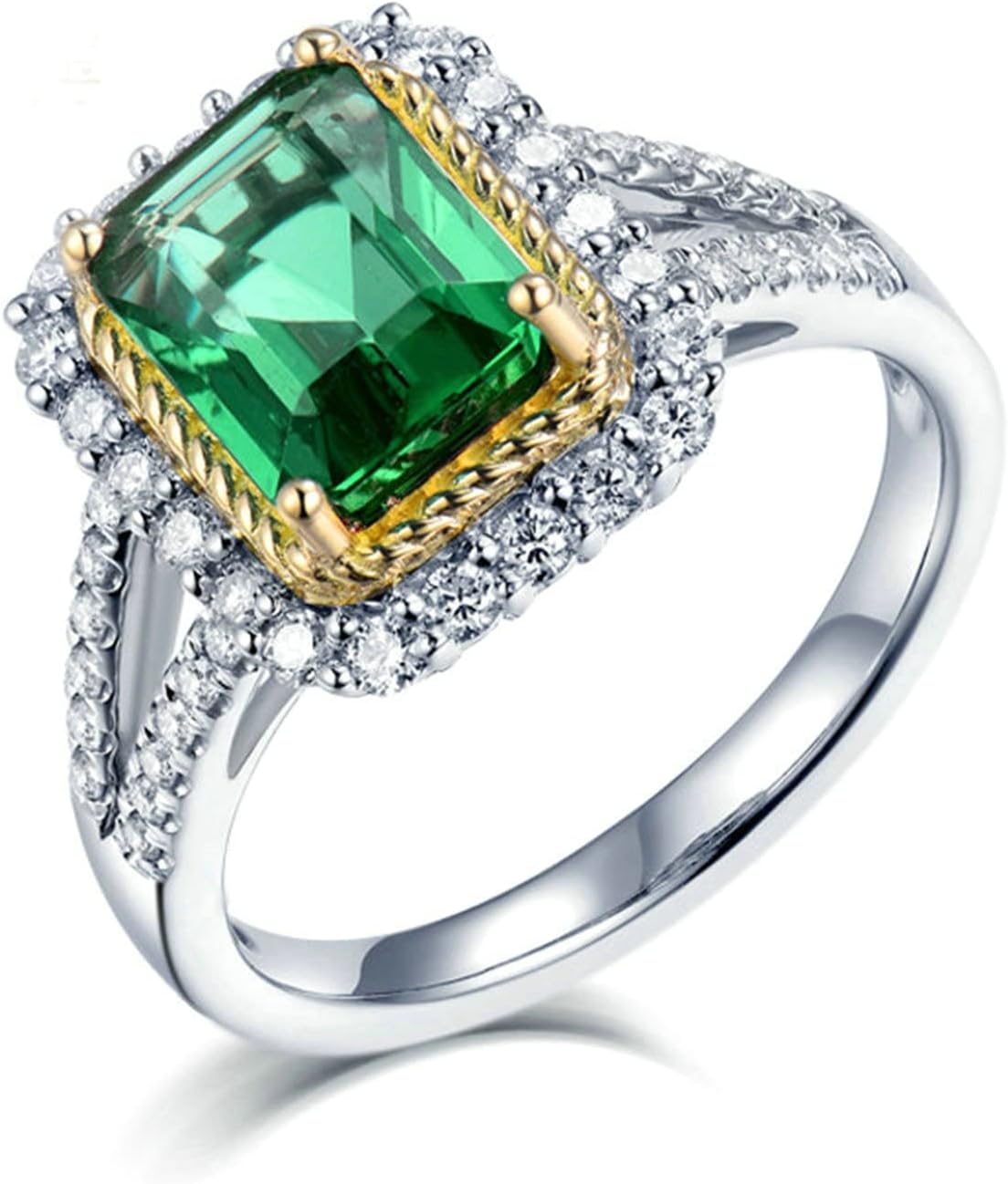 Aienid 18K Women's Wedding Ring Band White Gold 2ct Emerald Cut Emerald with 0.6ct Diamond Anniversary Ring for Girls