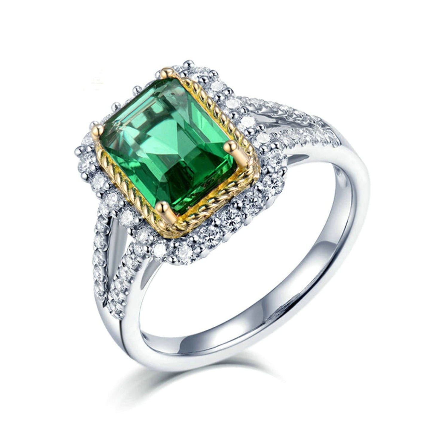Aienid 18K Women's Wedding Ring Band White Gold 2ct Emerald Cut Emerald with 0.6ct Diamond Anniversary Ring for Girls