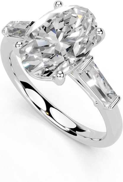 Oval Cut Lab Grown Diamond IGI Certified 4 Prong Baguette Accent Engagement Anniversary Wedding Ring in 14K Gold, Platinium for Women (1.0-5.0 Ct, F-G Color, VS1-VS2 Clarity)