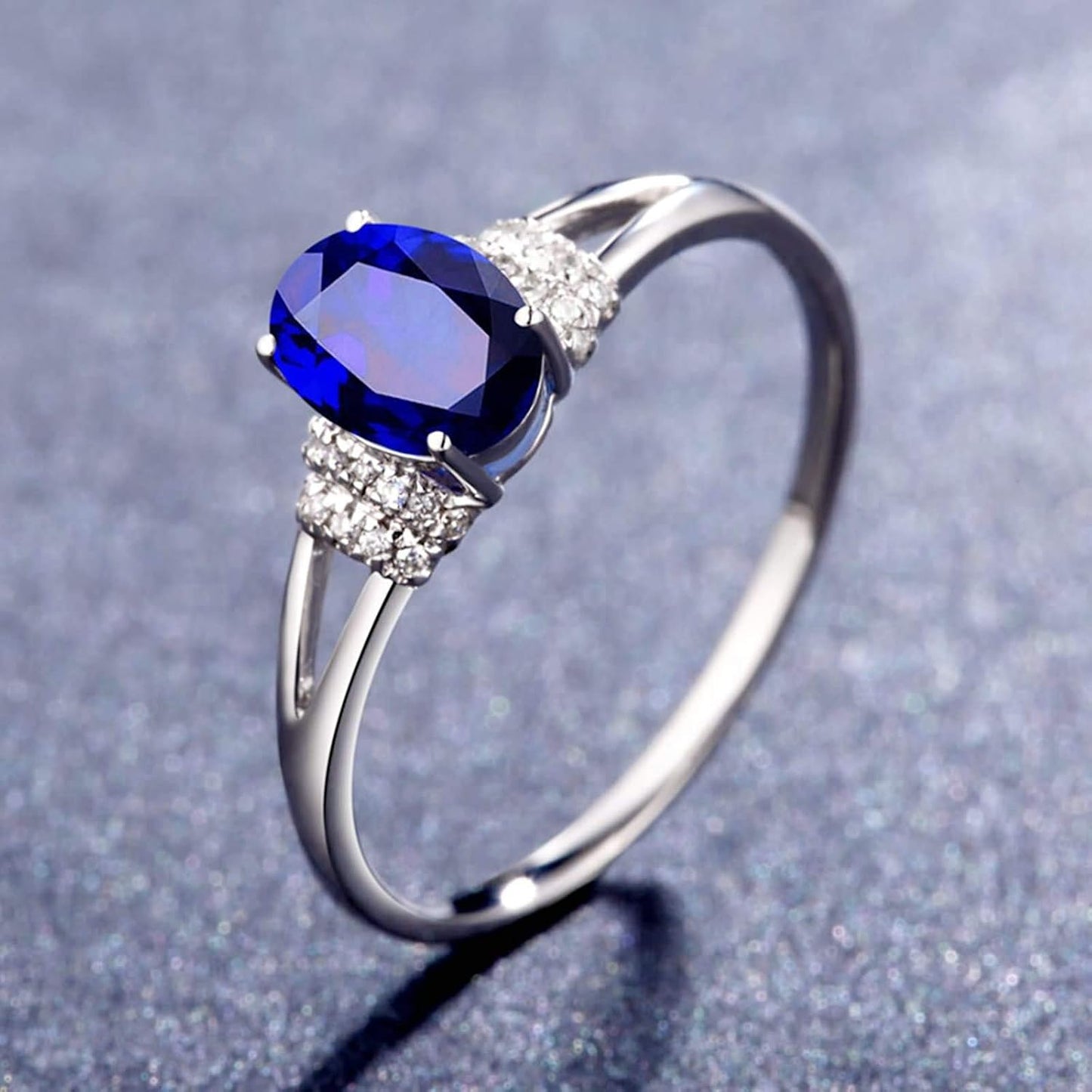 Gemstone Ring for Women, 18K White Gold Wedding Ring for Ladies Oval Shape Lab Created Sapphire and Lab Created Diamond
