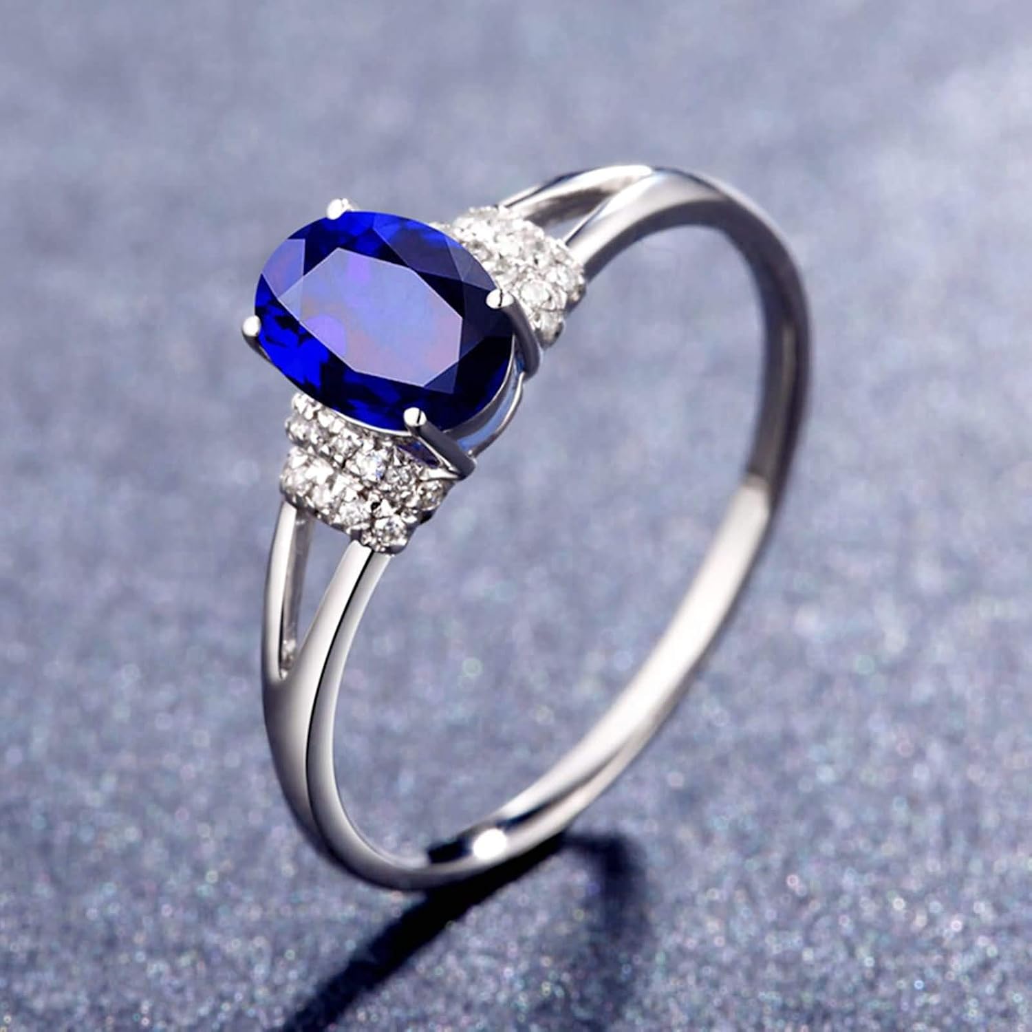 Gemstone Ring for Women, 18K White Gold Wedding Ring for Ladies Oval Shape Lab Created Sapphire and Lab Created Diamond