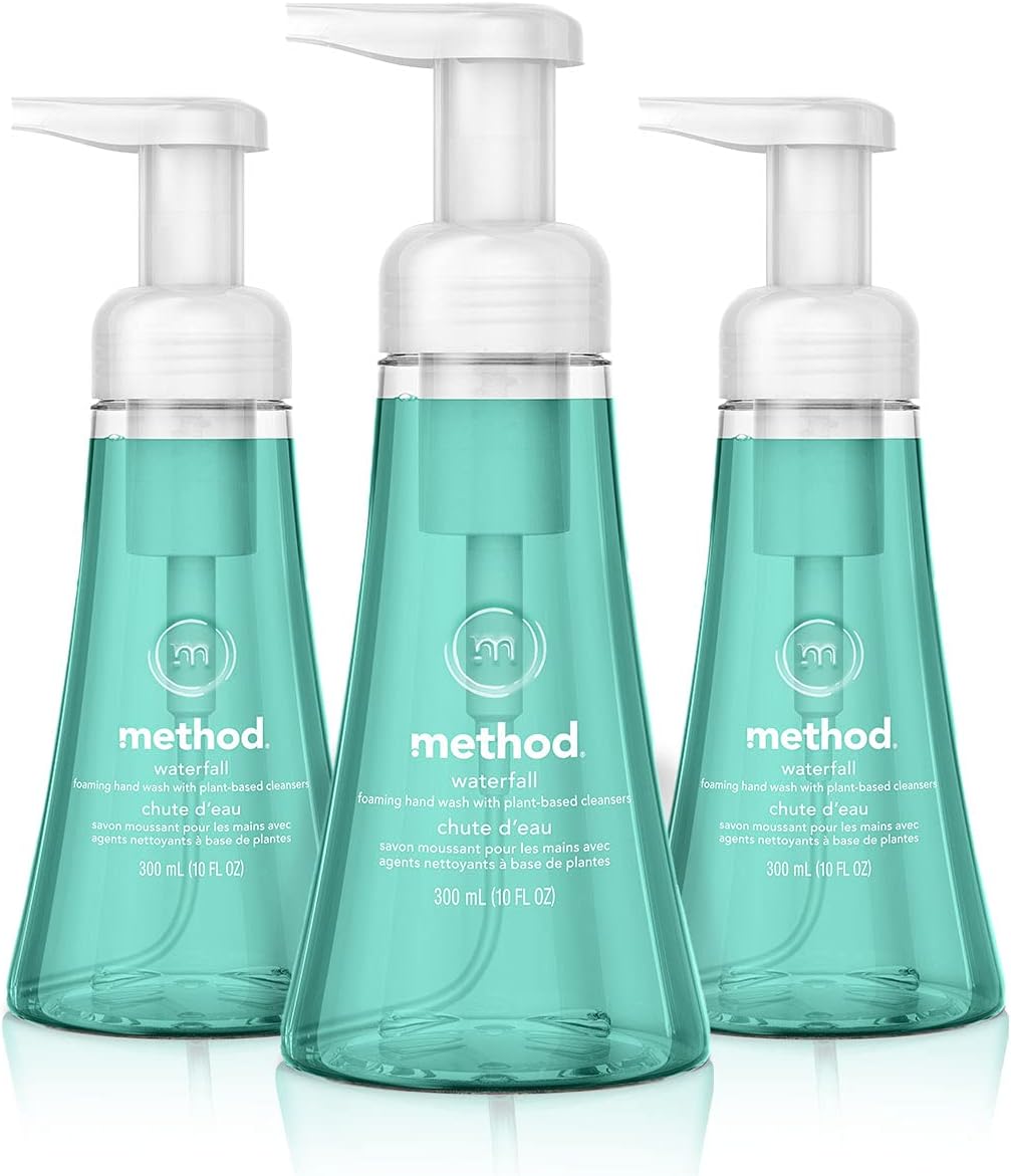 Method Foaming Hand Soap, Biodegradable Formula with Foaming Soap Dispenser Made of 100% Recycled Plastic, Waterfall Scent, 300 ml Soap Pump Bottles, 3 Pack, Clear