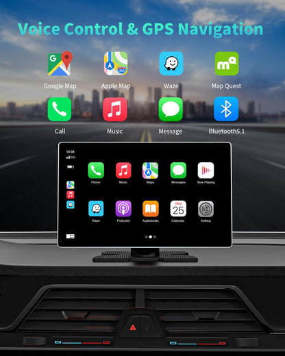 Madoec Tragbarer Apple Carplay Bildschirm fürs Auto, 9" Kabelloses Apple Carplay & Android Auto, 4K Dashcam, 1080p Rückfahrkamera DVR, Autoradio Empfänger GPS Navigation Mirror Link, Bluetooth, FM, Siri