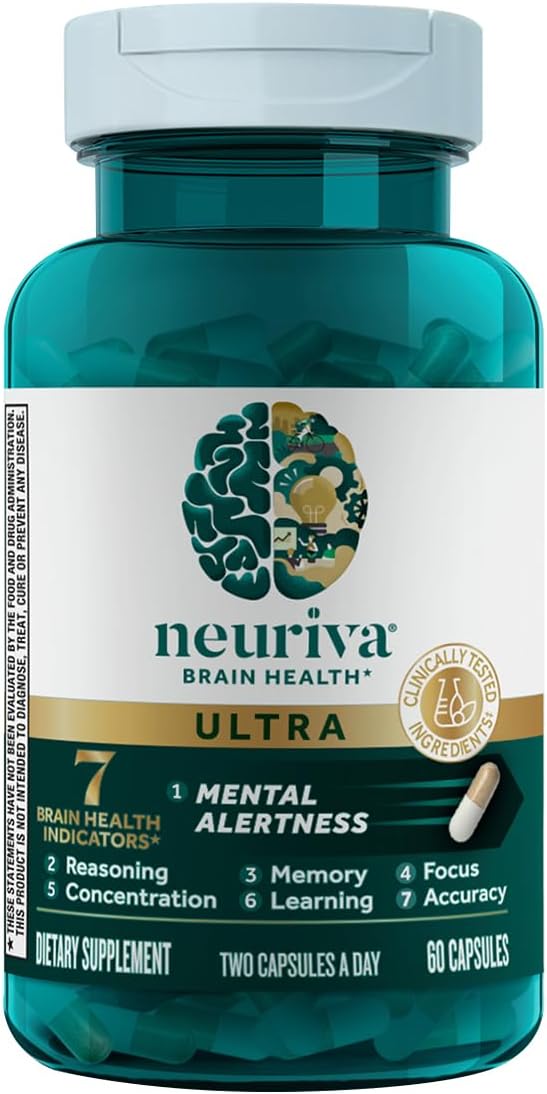NEURIVA Ultra Brain Supplements for Memory and Focus, Phosphatidylserine, Cognivive, Neurofactor, Folic Acid, Vitamin B12 & Vitamin B6, 60 Count Capsules (Pack of 12)