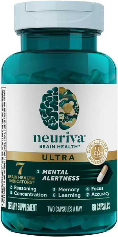 NEURIVA Ultra Brain Supplements for Memory and Focus, Phosphatidylserine, Cognivive, Neurofactor, Folic Acid, Vitamin B12 & Vitamin B6, 60 Count Capsules (Pack of 12)