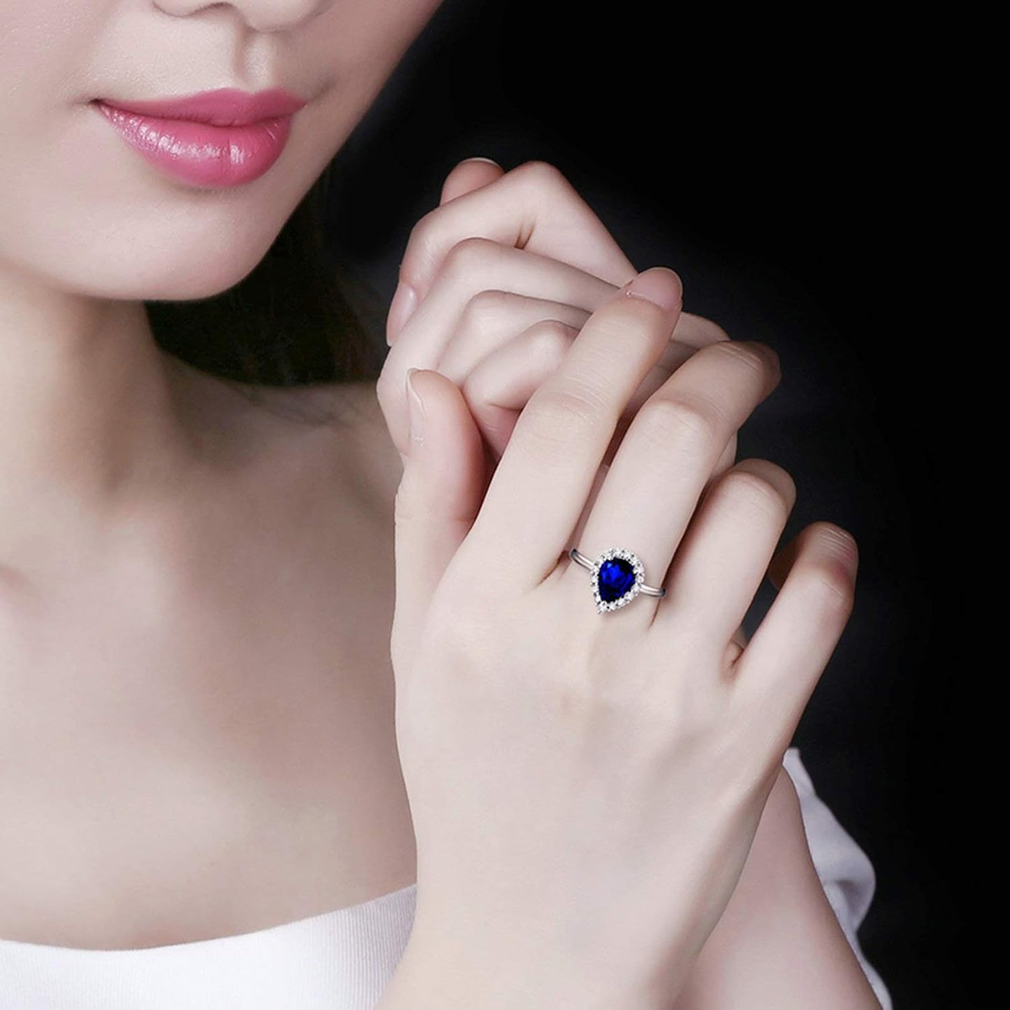 Aienid 18Ct White Gold Women Ring Big Teardrop Pear Cut Sapphire with White Diamond Wedding Rings for Women
