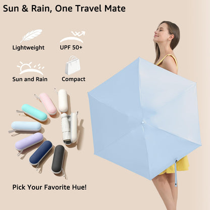 BAODINI Reiseutensilien Mini-Regenschirm für die Handtasche mit Etui Klein Kompakt UV-Sonnenschutz Leicht Winzig Tasche Manuelles Öffnen und Schließen Regenschirm für Damen, Kinder und Herren Passt in Handtasche Rucksack