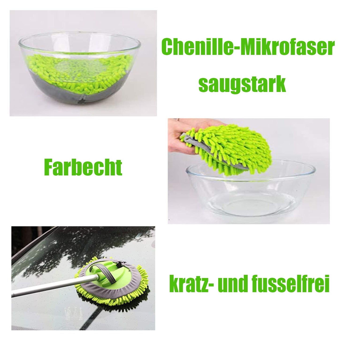 GreatCool 62" Autowaschbürsten-Mopp-Set mit langem Stiel, 2-in-1 Chenille-Mikrofaser-Schwamm-Waschhandschuh zur Reinigung und Pflege, Staubwedel zum Waschen von Autos, LKW, SUV, Wohnmobilen und für den Haushalt (2 x Moppkopf)