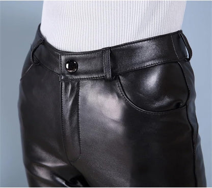 Womens Solid Straight Leather Pant Thick Sheepskin Zipper Slim Office Lady Trousers