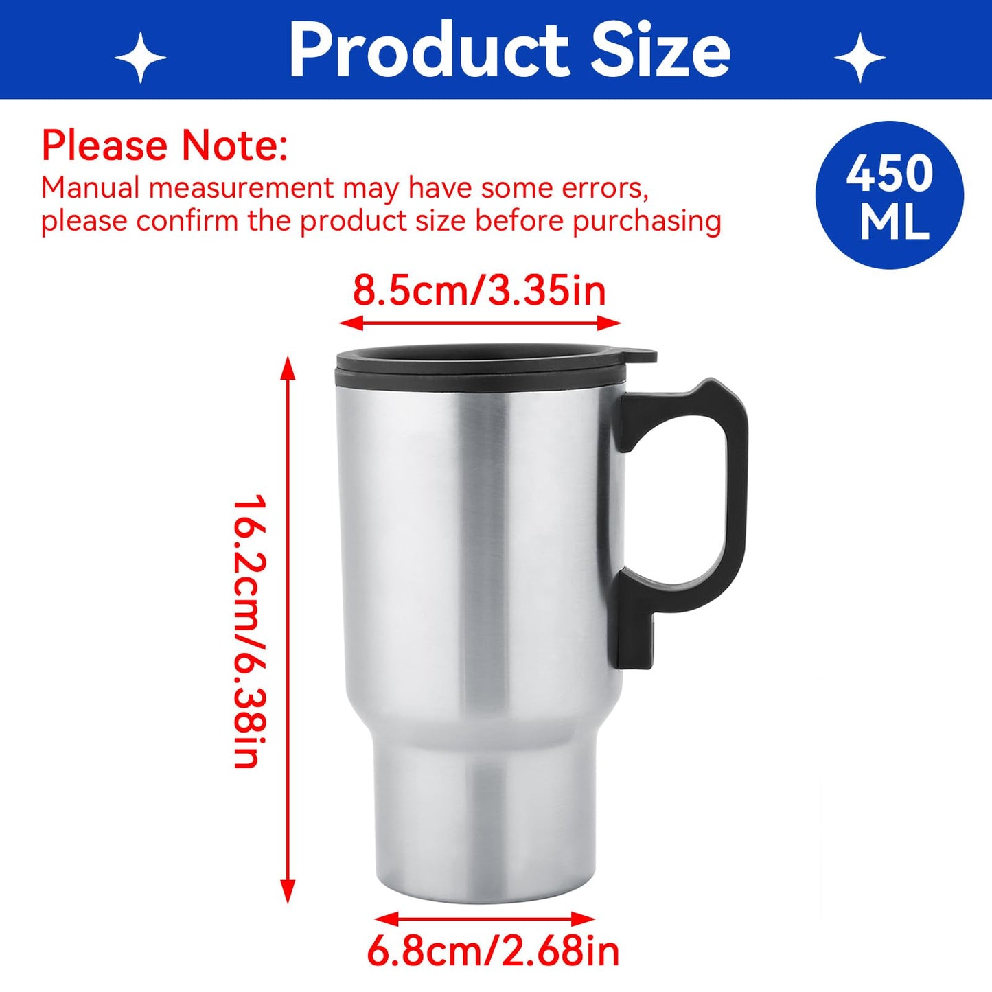 HERCHR 12V 450ml Auto-Heizbecher, Heißwasserkessel Elektrische Tragbare Auto-Elektrotasse Edelstahl Beheizter Reisebecher für Wasser Kaffee Milch Tee