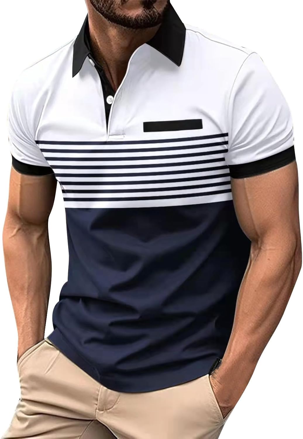 Golf Shirts for Men Short Sleeve Regular Fit Moisture Wicking Performance Casual Striped Patchwork Print Mens Polo Shirts
