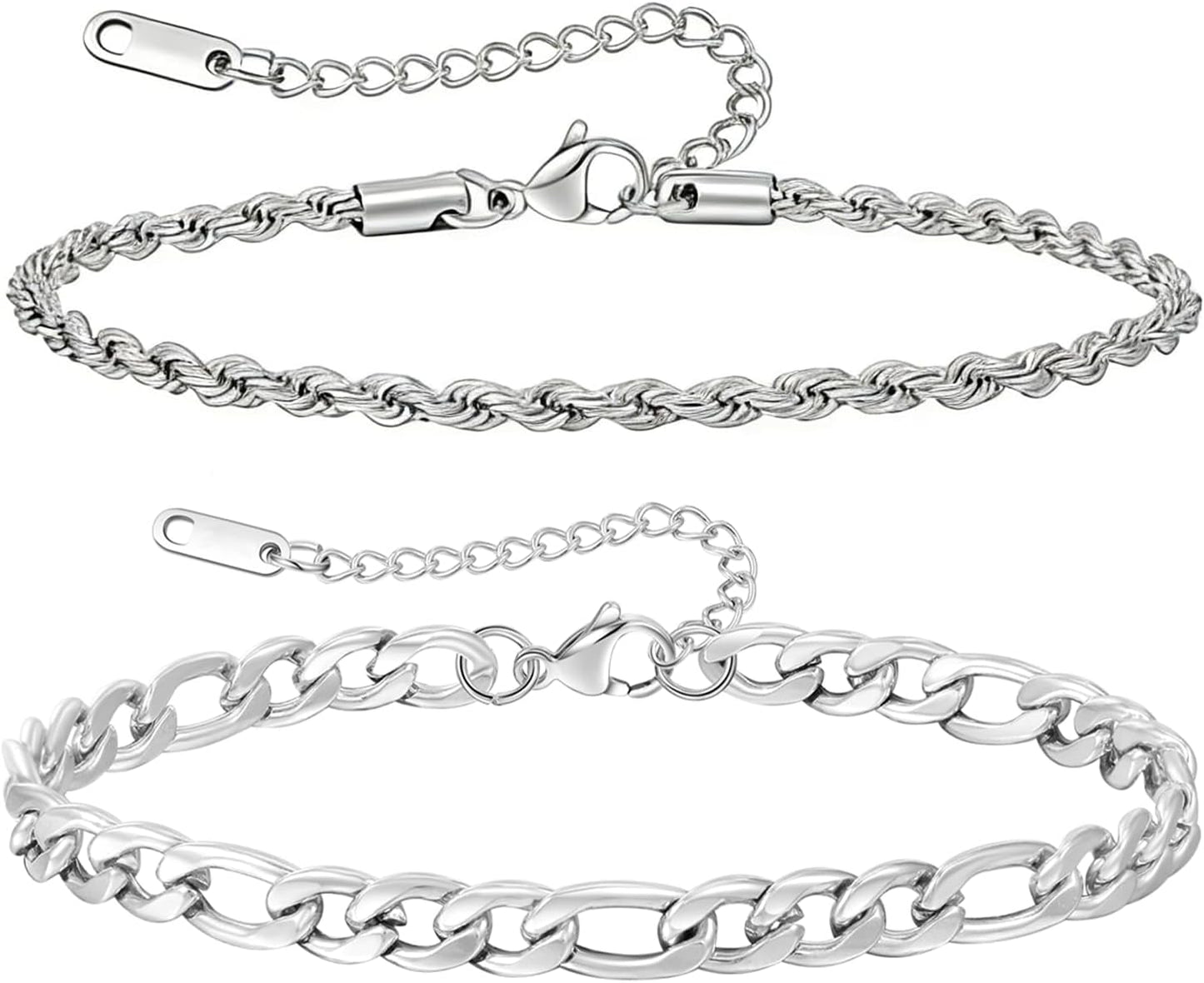7.8+1.2 inches (20+3 cm)2pcs-silver-rope/Figaro