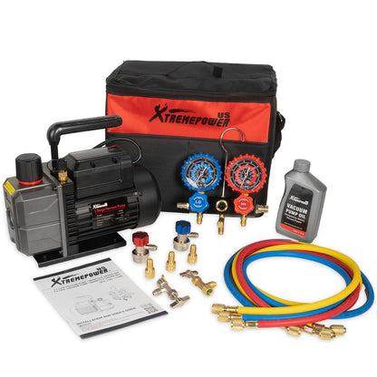 XtremepowerUS 3CFM 1/4HP Vacuum Pump HVAC R134a, R12, R22, R410a, A/C Refrigeration R134 Can Tap Adapter, R134 Quick Connector AC Manifold Gauge Air Conditioner Oil Bottle w/Bag