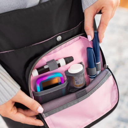 Sugar Medical Women’s Diabetes Backpack Purse with travel organizer for medications, insulin, glucose meter, insulin pens, epi-pen, includes insulated pouch to help keep medications cool. (Onyx)