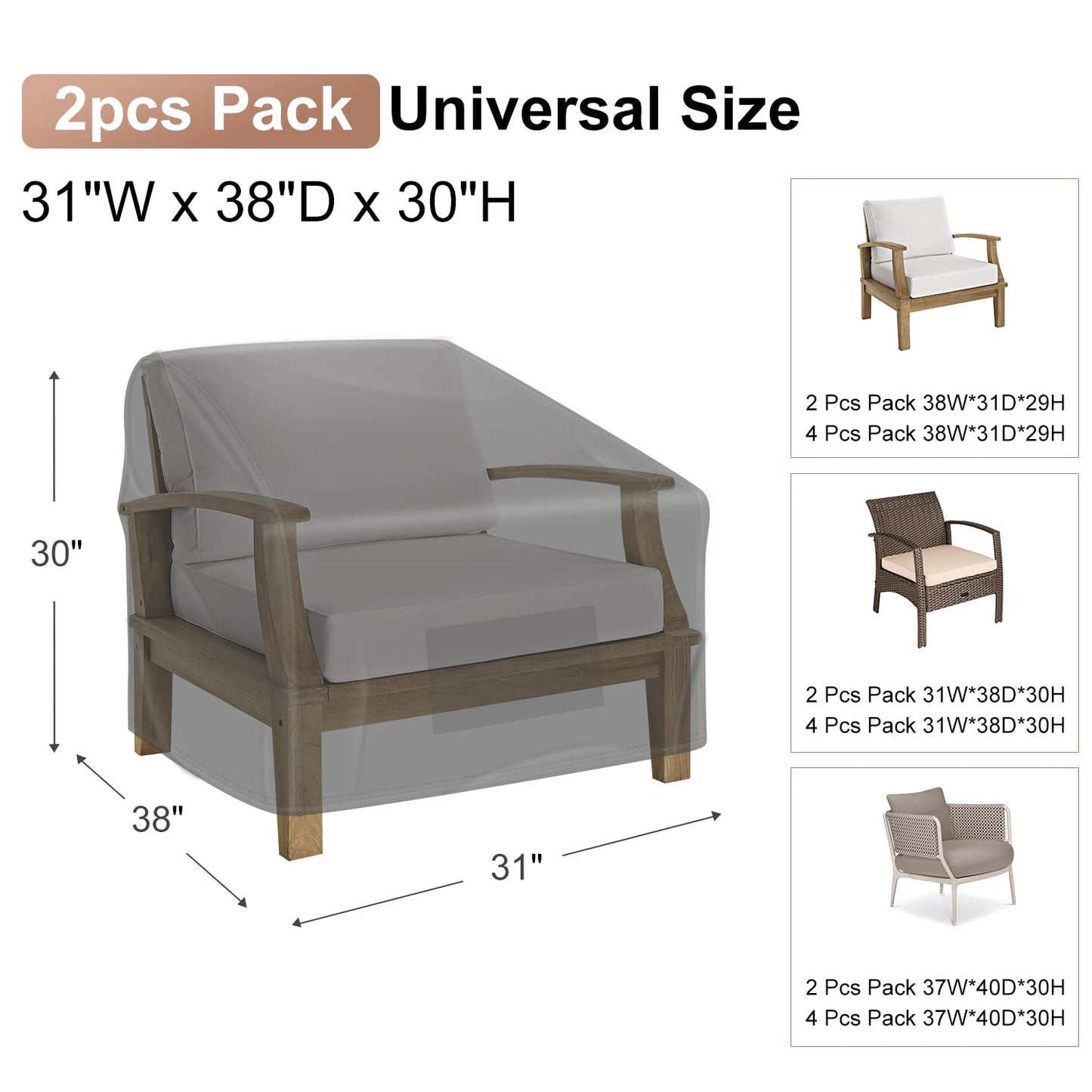 Patio Chair Covers for Outdoor Furniture Waterproof 2 Pack, Lawn Chair Covers 600D Heavy Duty Oxford Cloth, Large Covers for Lounge Lawn Deep Seat 38" W x 31" D x 29" H-Brown
