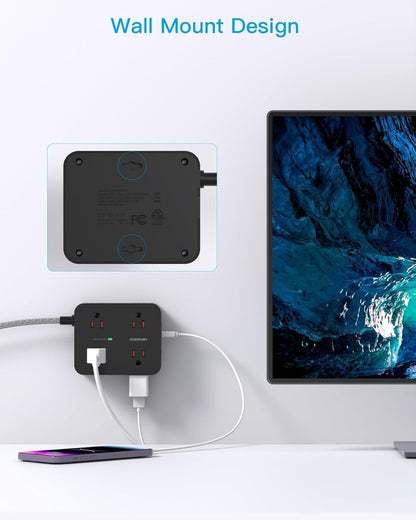 Surge Protector Power Bar - 8 Outlets 4 USB Charging Ports(2 USB C), Power Strip with 5Ft Braided Extension Cord, Flat Plug, Wall Mount Desk USB C Charging Station for Home Office College Essentials