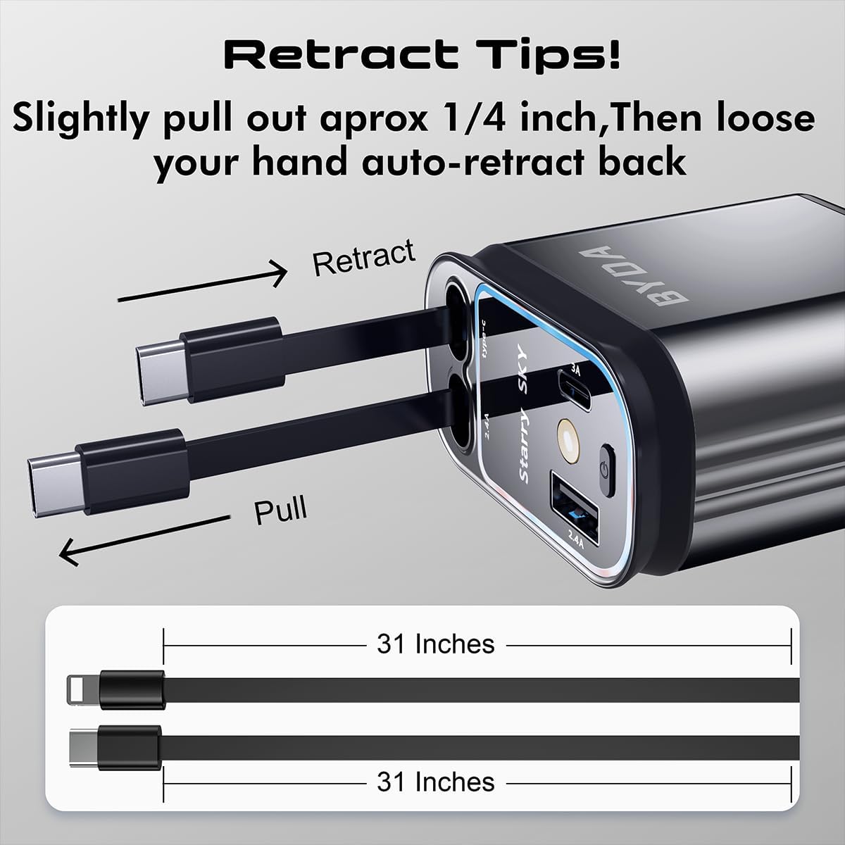 4-in-1 einziehbarer Auto-Ladegerät mit Sternenlicht, 69W USB-C Schnell-Ladegerät, für iPhone 17/16/15/14/13/12/11, Android, Pixel, Zigarettenanzünder-Ladegerät (Lightning+USB-C (Regular))