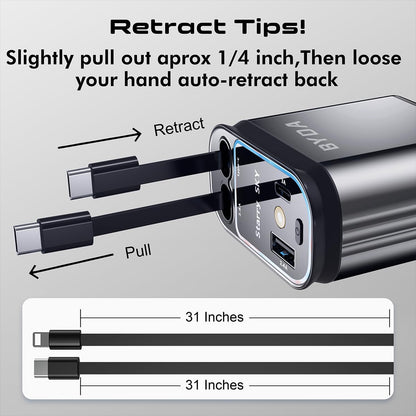 4-in-1 einziehbarer Auto-Ladegerät mit Sternenlicht, 69W USB-C Schnell-Ladegerät, für iPhone 17/16/15/14/13/12/11, Android, Pixel, Zigarettenanzünder-Ladegerät (Lightning+USB-C (Regular))