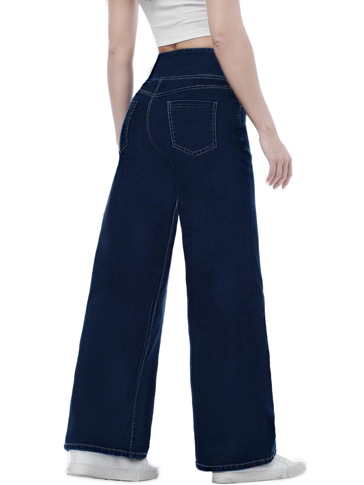 Chasehot Damen Jeans, Weites Bein, zum Reinschlüpfen, High Waist, Stretchy, Baggy, Trendy, Bauchkontrolle, Gerades Bein, Denim, Dunkelindigo Waschung-L
