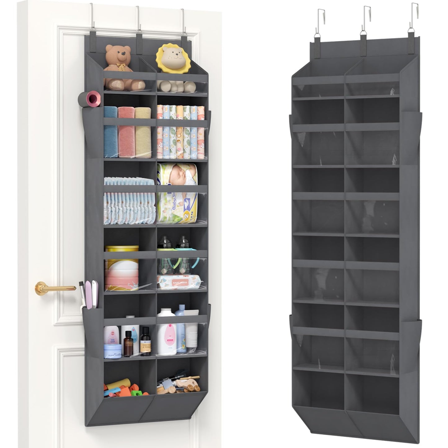 Lifewit 1 Pack Over the Door Organizer, 5 Section Clear Window Hanging Storage with 4 Side Pockets, Sturdy Anti Tilt 40 lbs Load Behind Door for Closet, Bedroom, Bathroom, Nursery, Dorm, Dark Gray