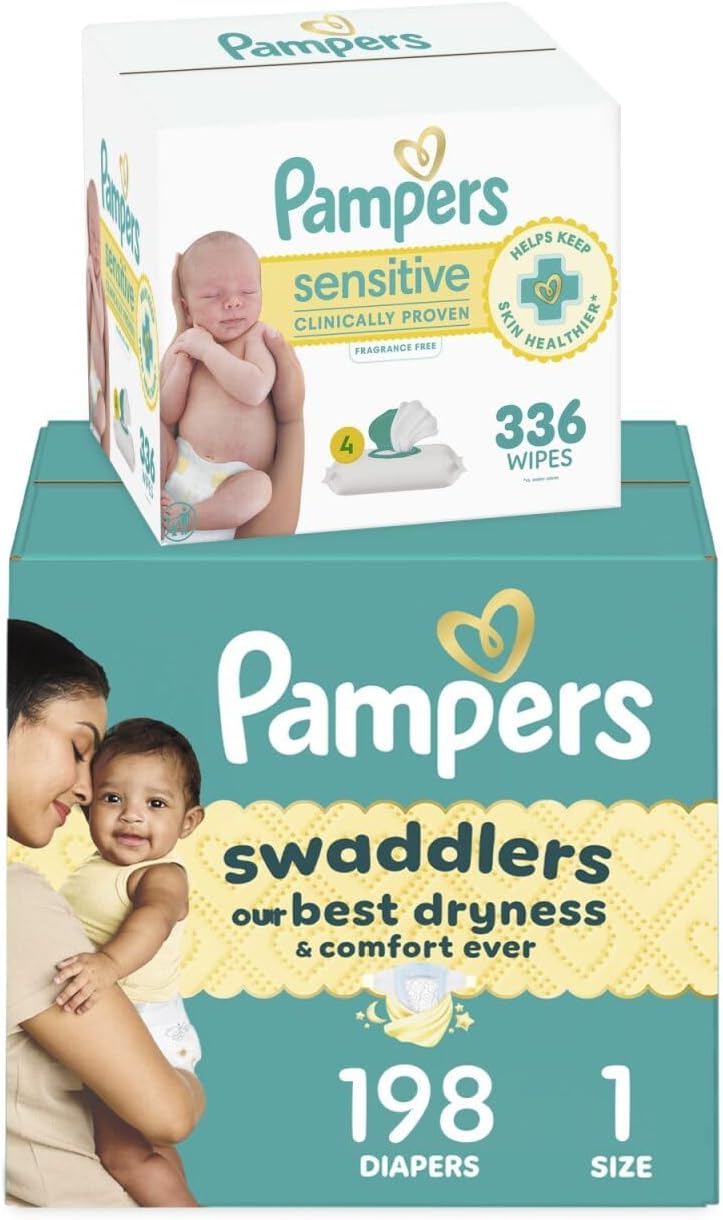 Pampers Swaddlers Disposable Baby Diapers Size 1, One Month Supply (198 Count) with Sensitive Water Based Baby Wipes 6X Pop-Top Packs (336 Count)